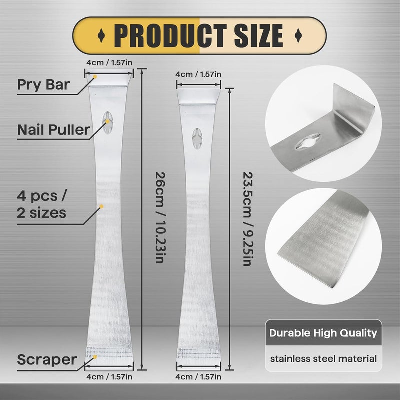 Iffitya 4-Piece 17005 Stainless Steel Pry Bar Scraper Set, 9.25" and 6.7" Trim Puller, Small Flat Pry Bar, Silver Beekeeping Hive Scraper, Bee Hive Hand Tool, 2 Sizes - Image 2